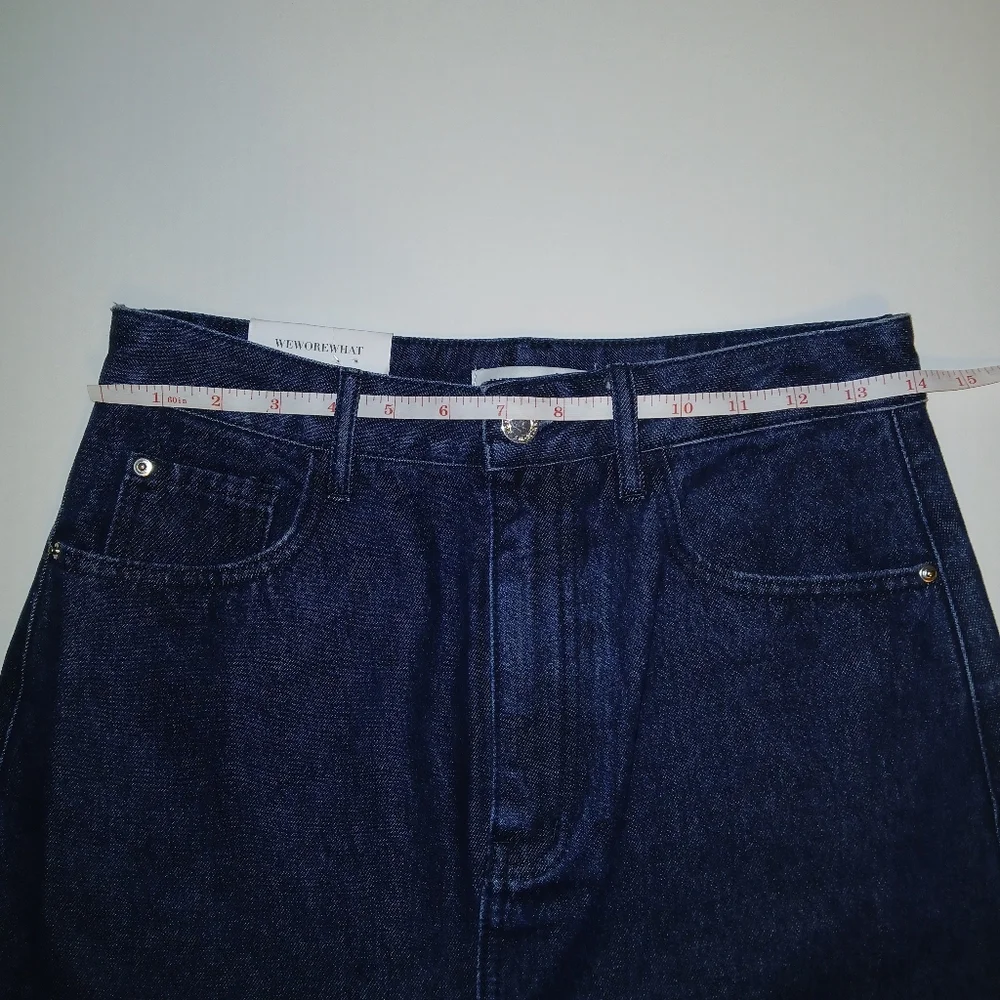 WeWoreWhat Denim Midi Skirt With Front Split, Cotton, Dark Blue Wash